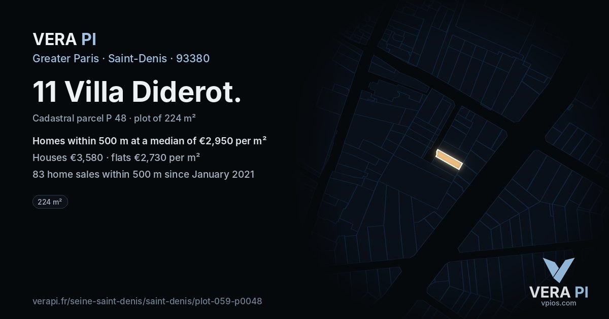 11 Villa Diderot, Saint-Denis at night – the plot lit, the parcels around coloured by the prices near them