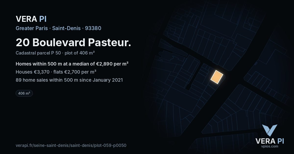 20 Boulevard Pasteur, Saint-Denis at night – the plot lit, the parcels around coloured by the prices near them