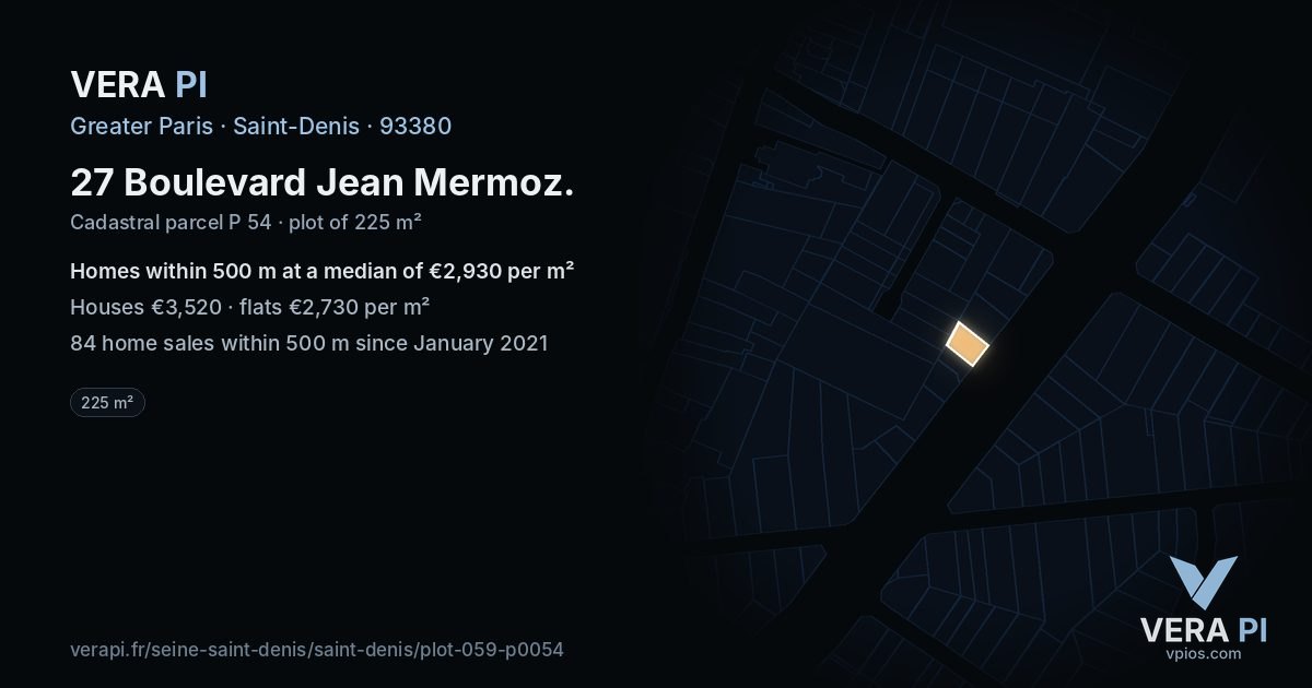 27 Boulevard Jean Mermoz, Saint-Denis at night – the plot lit, the parcels around coloured by the prices near them