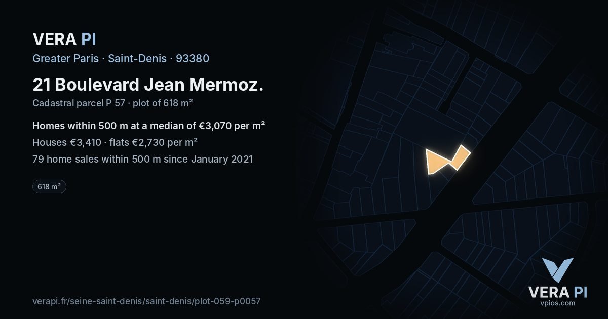 21 Boulevard Jean Mermoz, Saint-Denis at night – the plot lit, the parcels around coloured by the prices near them