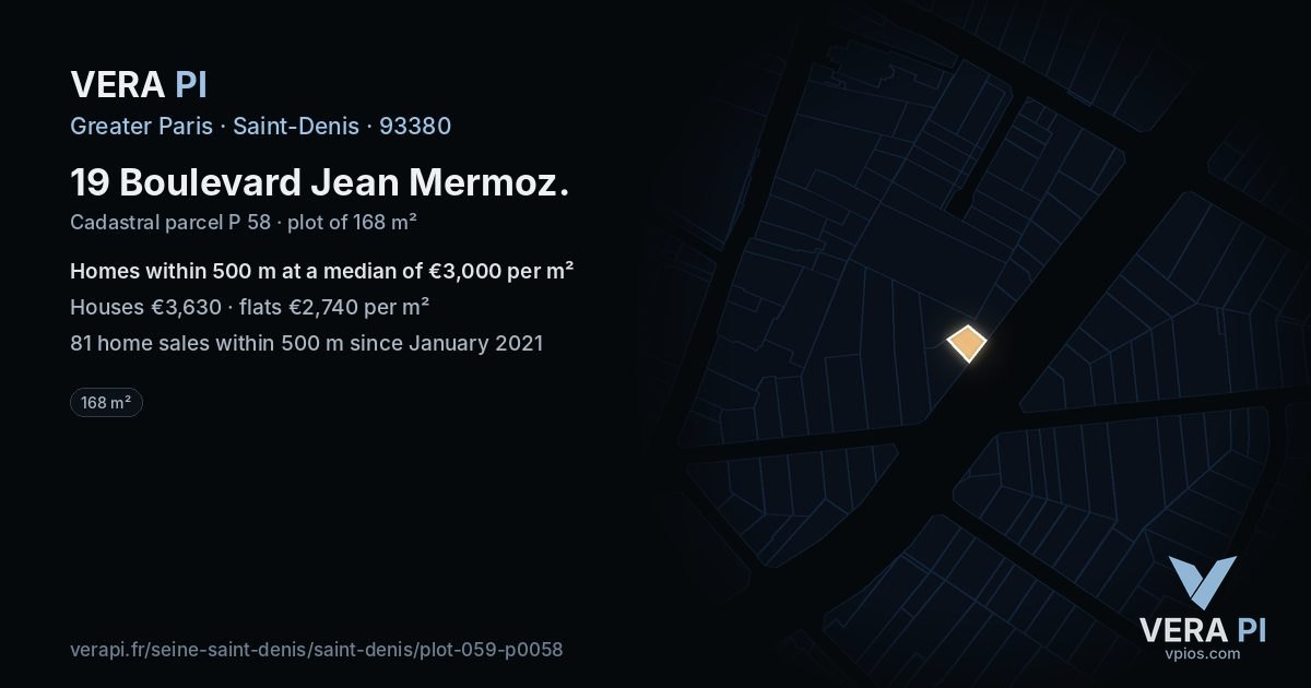 19 Boulevard Jean Mermoz, Saint-Denis at night – the plot lit, the parcels around coloured by the prices near them