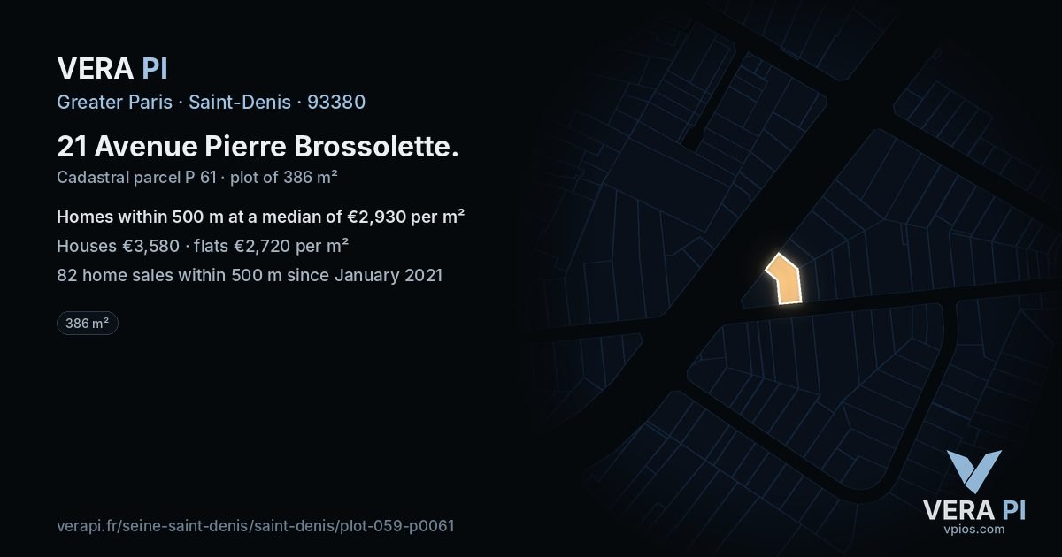 21 Avenue Pierre Brossolette, Saint-Denis at night – the plot lit, the parcels around coloured by the prices near them