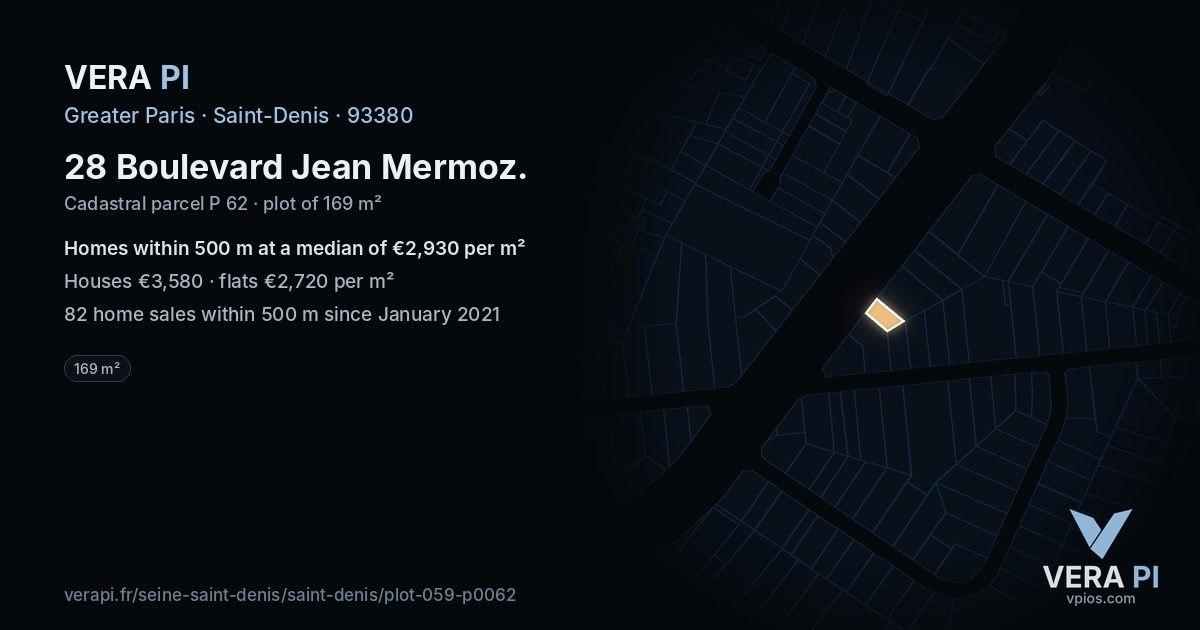 28 Boulevard Jean Mermoz, Saint-Denis at night – the plot lit, the parcels around coloured by the prices near them