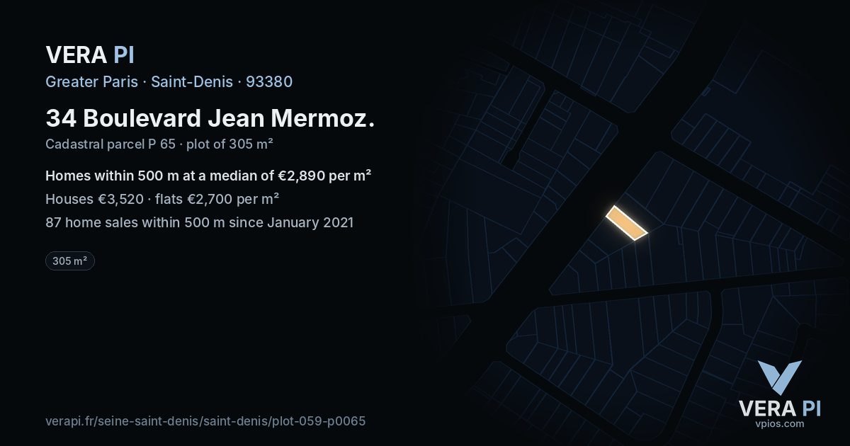 34 Boulevard Jean Mermoz, Saint-Denis at night – the plot lit, the parcels around coloured by the prices near them