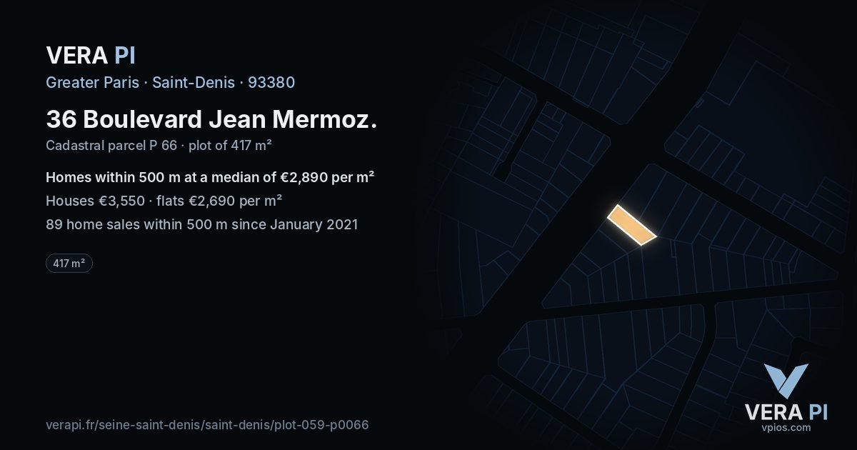 36 Boulevard Jean Mermoz, Saint-Denis at night – the plot lit, the parcels around coloured by the prices near them
