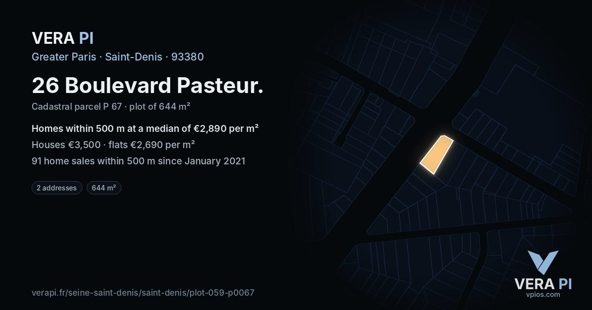 26 Boulevard Pasteur, Saint-Denis at night – the plot lit, the parcels around coloured by the prices near them