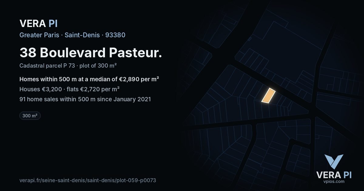 38 Boulevard Pasteur, Saint-Denis at night – the plot lit, the parcels around coloured by the prices near them