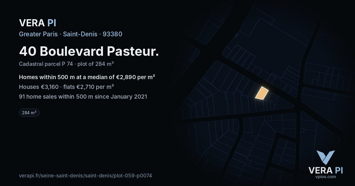40 Boulevard Pasteur, Saint-Denis at night – the plot lit, the parcels around coloured by the prices near them