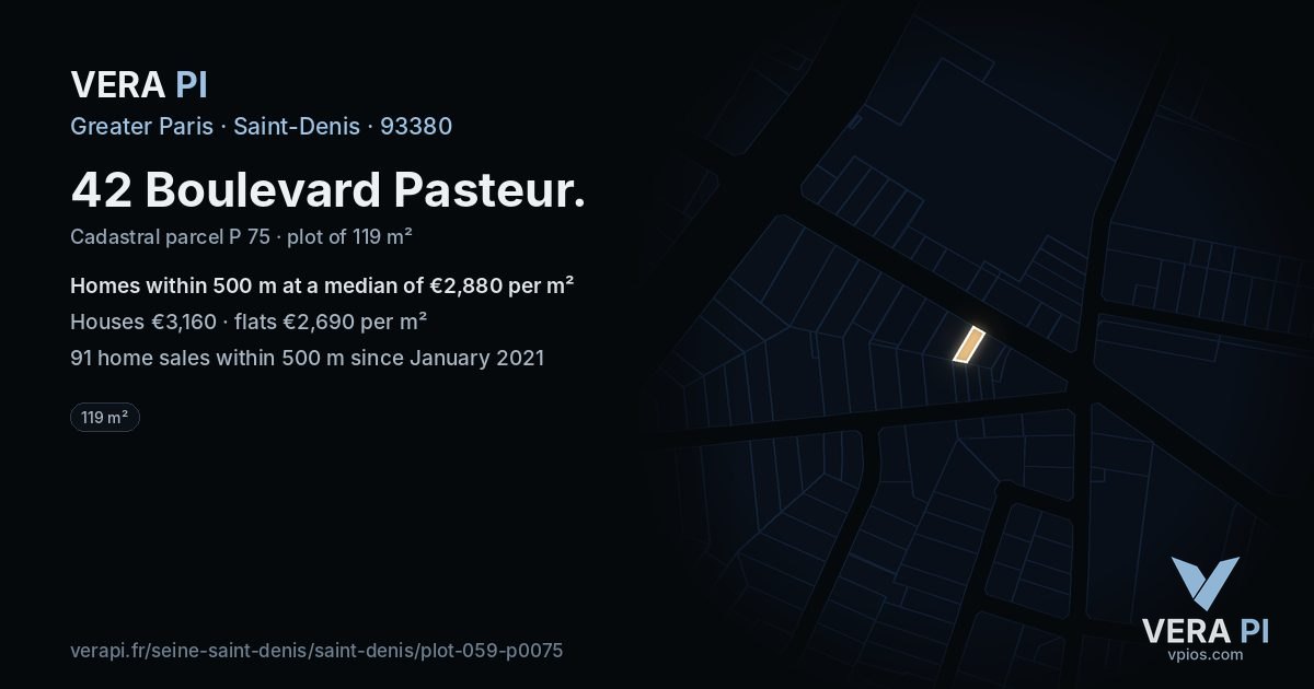 42 Boulevard Pasteur, Saint-Denis at night – the plot lit, the parcels around coloured by the prices near them