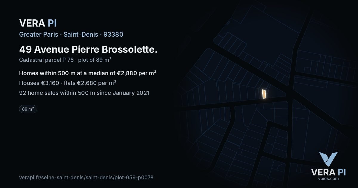 49 Avenue Pierre Brossolette, Saint-Denis at night – the plot lit, the parcels around coloured by the prices near them