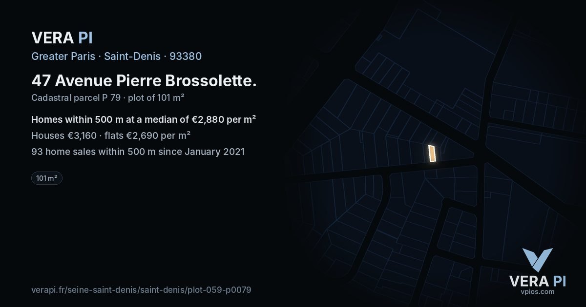 47 Avenue Pierre Brossolette, Saint-Denis at night – the plot lit, the parcels around coloured by the prices near them