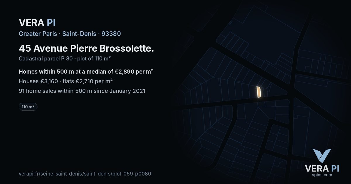 45 Avenue Pierre Brossolette, Saint-Denis at night – the plot lit, the parcels around coloured by the prices near them