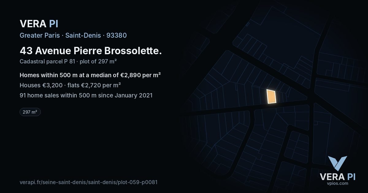 43 Avenue Pierre Brossolette, Saint-Denis at night – the plot lit, the parcels around coloured by the prices near them