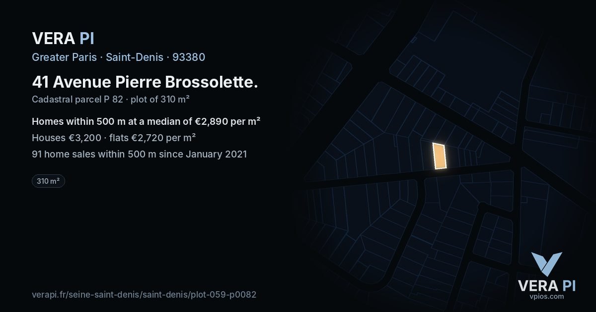41 Avenue Pierre Brossolette, Saint-Denis at night – the plot lit, the parcels around coloured by the prices near them