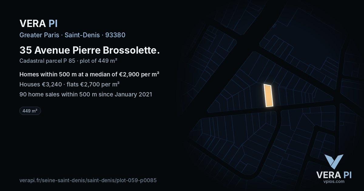 35 Avenue Pierre Brossolette, Saint-Denis at night – the plot lit, the parcels around coloured by the prices near them