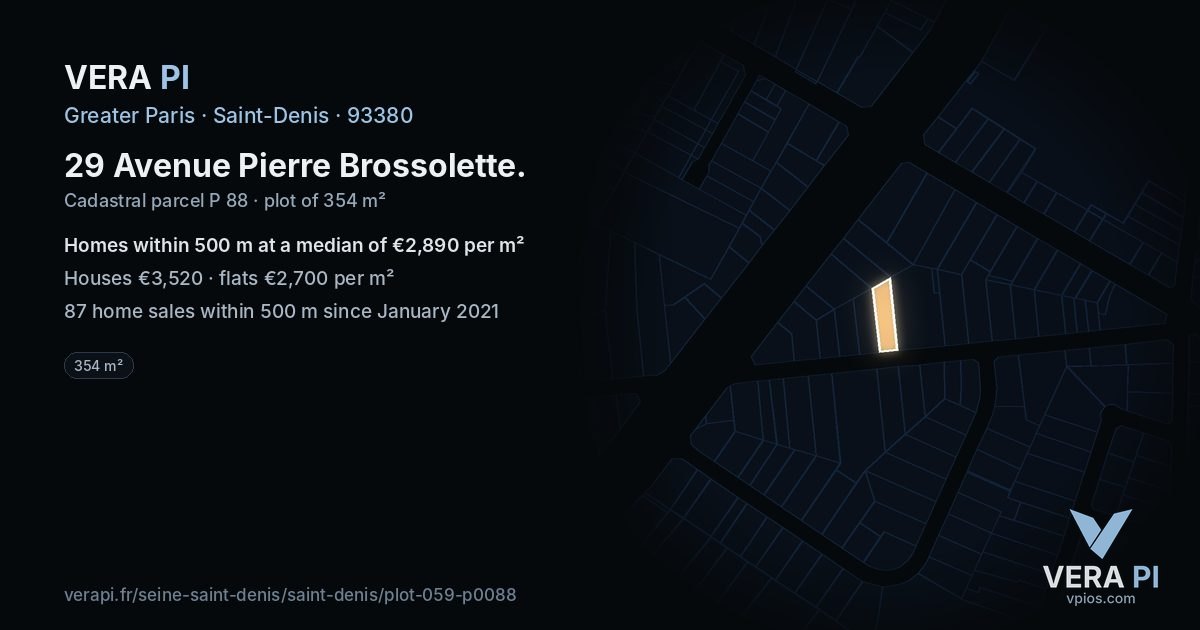 29 Avenue Pierre Brossolette, Saint-Denis at night – the plot lit, the parcels around coloured by the prices near them