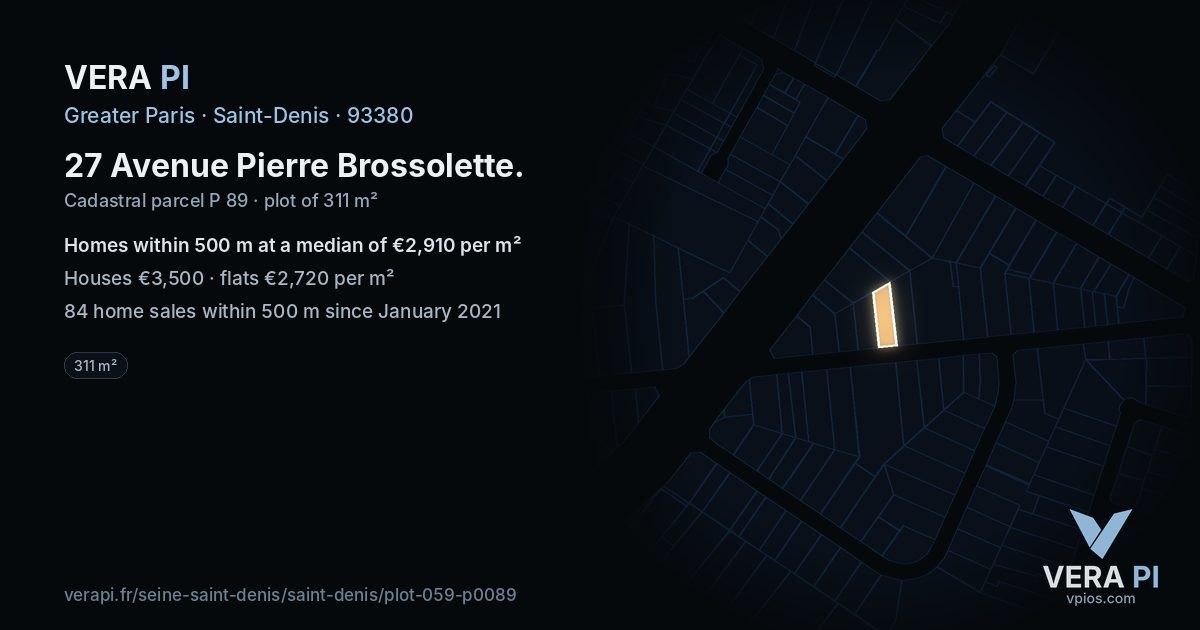 27 Avenue Pierre Brossolette, Saint-Denis at night – the plot lit, the parcels around coloured by the prices near them