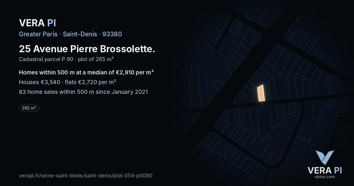 25 Avenue Pierre Brossolette, Saint-Denis at night – the plot lit, the parcels around coloured by the prices near them