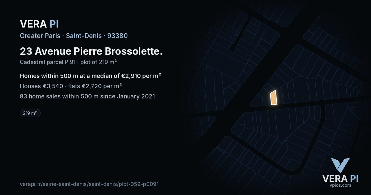 23 Avenue Pierre Brossolette, Saint-Denis at night – the plot lit, the parcels around coloured by the prices near them