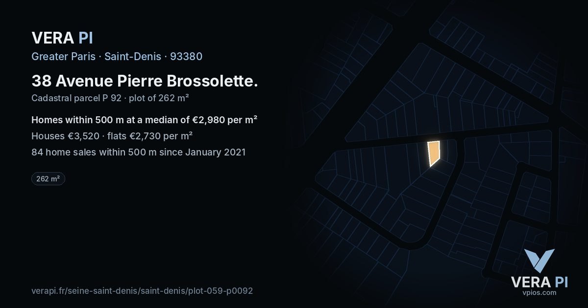 38 Avenue Pierre Brossolette, Saint-Denis at night – the plot lit, the parcels around coloured by the prices near them