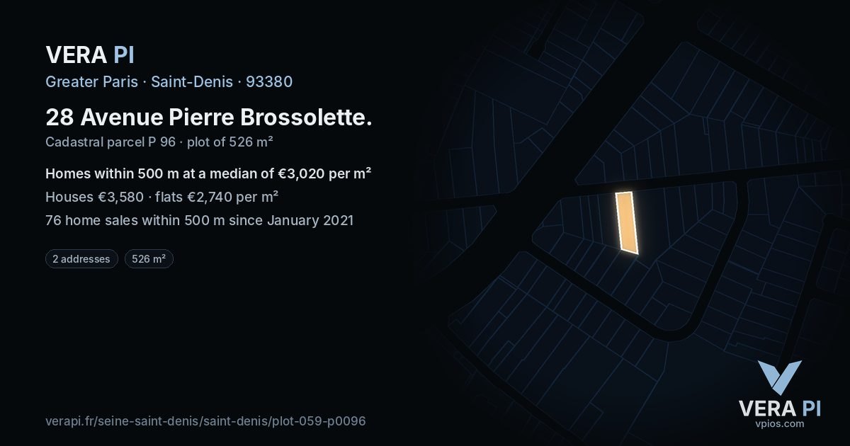 28 Avenue Pierre Brossolette, Saint-Denis at night – the plot lit, the parcels around coloured by the prices near them