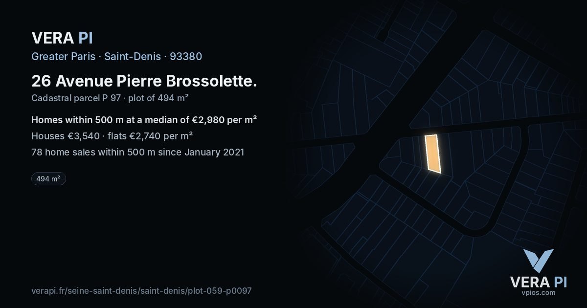 26 Avenue Pierre Brossolette, Saint-Denis at night – the plot lit, the parcels around coloured by the prices near them