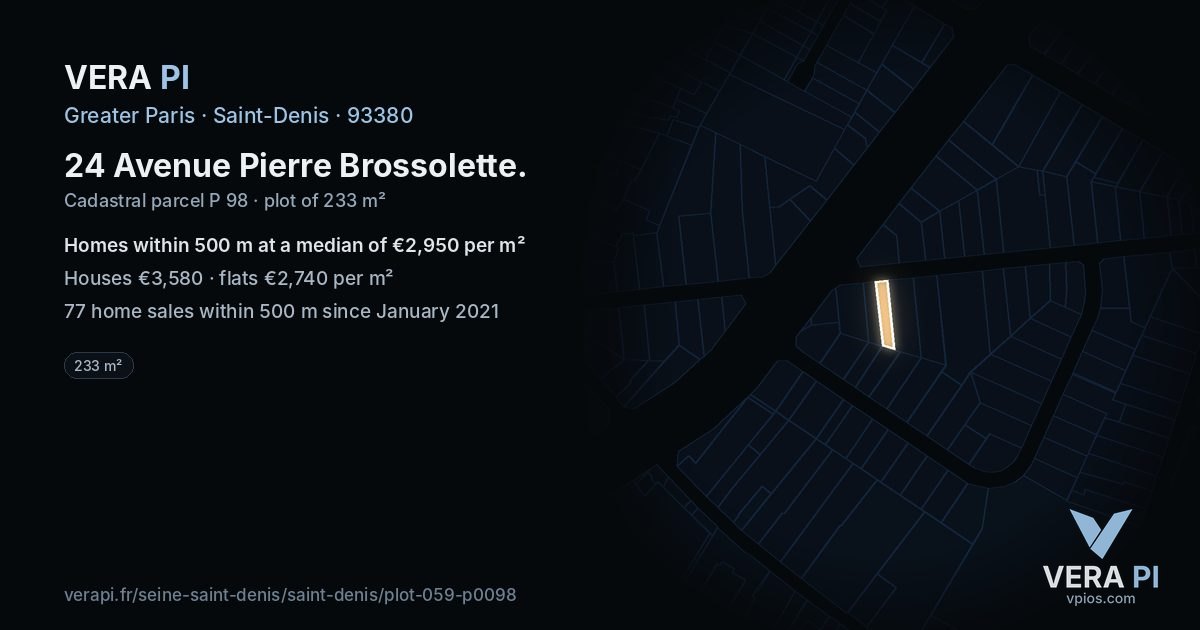 24 Avenue Pierre Brossolette, Saint-Denis at night – the plot lit, the parcels around coloured by the prices near them