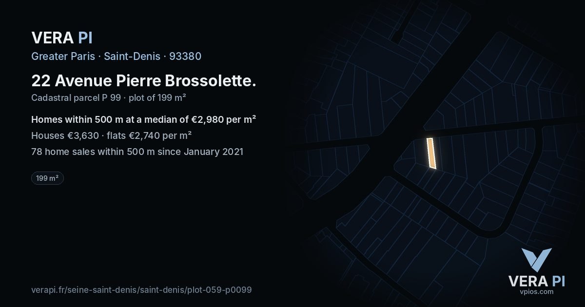 22 Avenue Pierre Brossolette, Saint-Denis at night – the plot lit, the parcels around coloured by the prices near them
