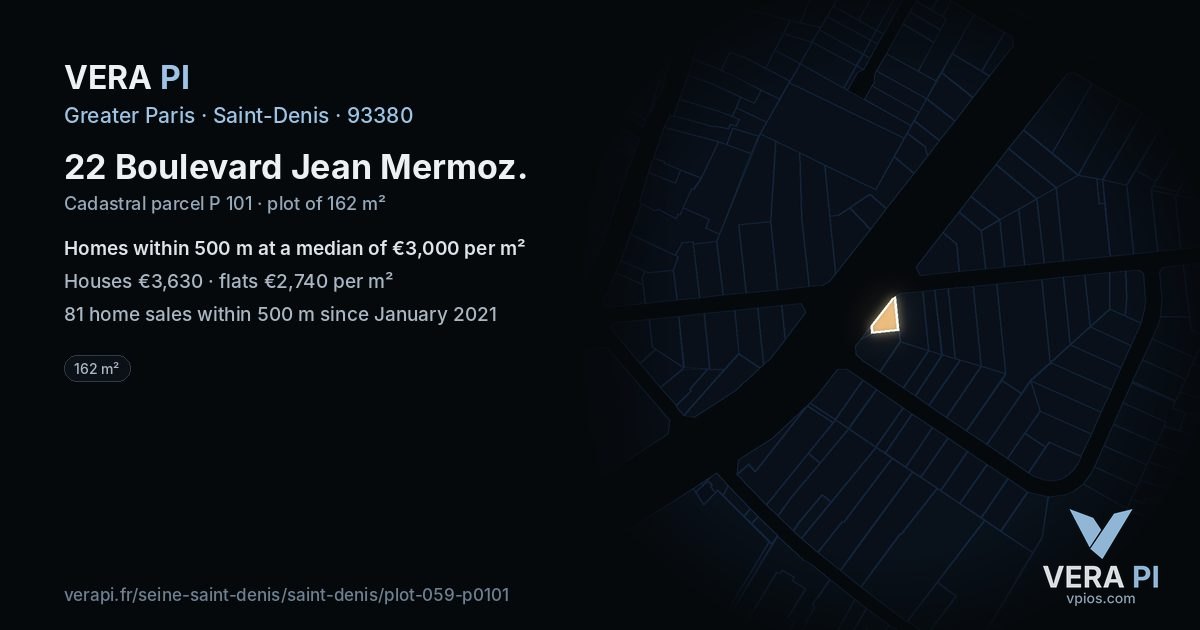 22 Boulevard Jean Mermoz, Saint-Denis at night – the plot lit, the parcels around coloured by the prices near them
