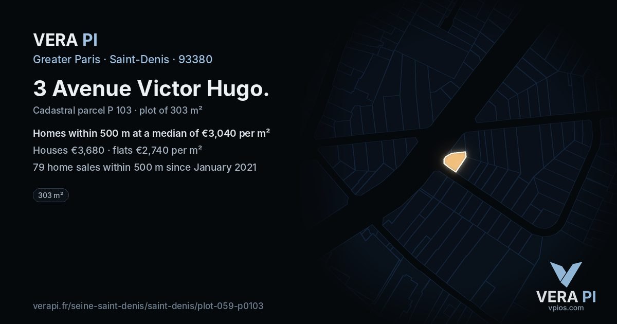 3 Avenue Victor Hugo, Saint-Denis at night – the plot lit, the parcels around coloured by the prices near them