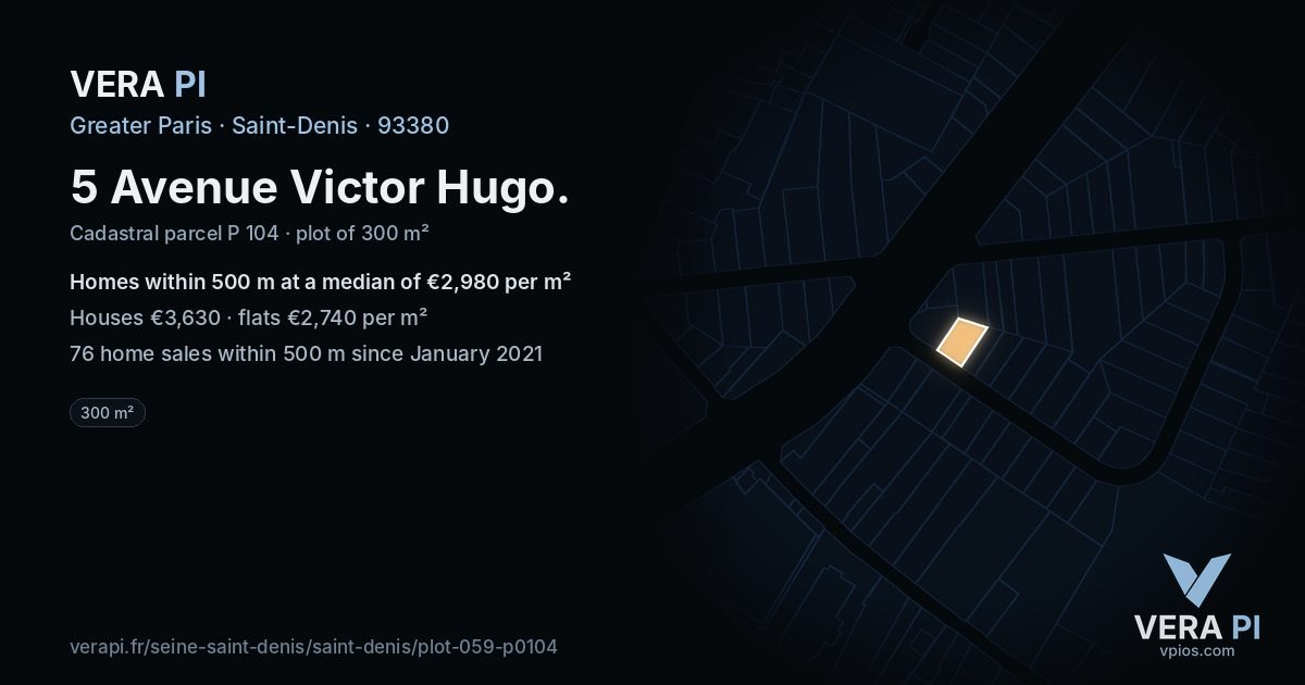 5 Avenue Victor Hugo, Saint-Denis at night – the plot lit, the parcels around coloured by the prices near them