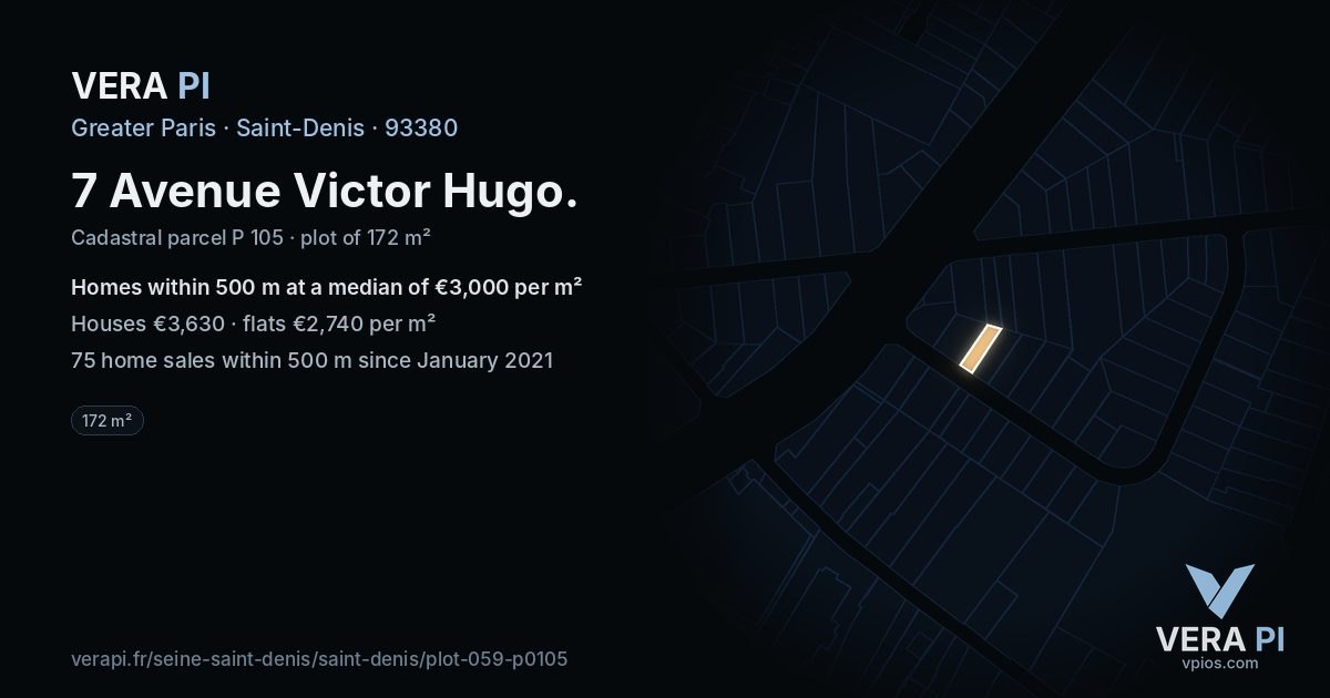 7 Avenue Victor Hugo, Saint-Denis at night – the plot lit, the parcels around coloured by the prices near them