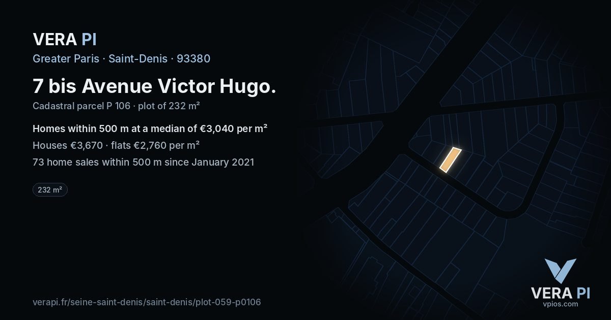 7 bis Avenue Victor Hugo, Saint-Denis at night – the plot lit, the parcels around coloured by the prices near them