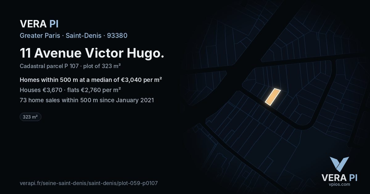 11 Avenue Victor Hugo, Saint-Denis at night – the plot lit, the parcels around coloured by the prices near them