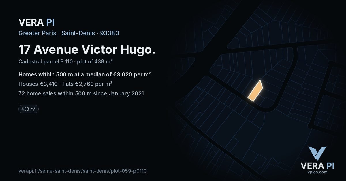 17 Avenue Victor Hugo, Saint-Denis at night – the plot lit, the parcels around coloured by the prices near them