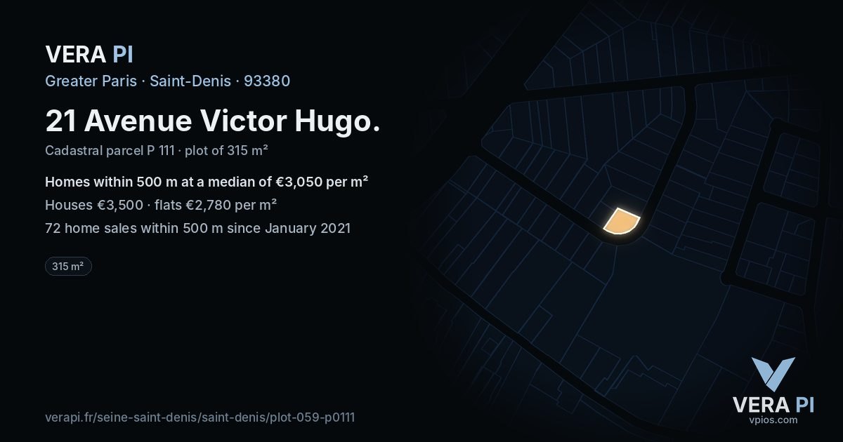 21 Avenue Victor Hugo, Saint-Denis at night – the plot lit, the parcels around coloured by the prices near them
