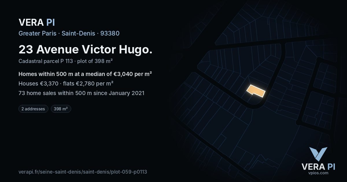 23 Avenue Victor Hugo, Saint-Denis at night – the plot lit, the parcels around coloured by the prices near them