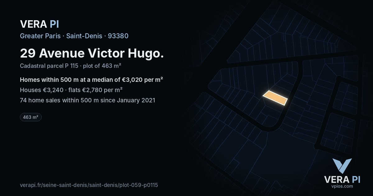 29 Avenue Victor Hugo, Saint-Denis at night – the plot lit, the parcels around coloured by the prices near them