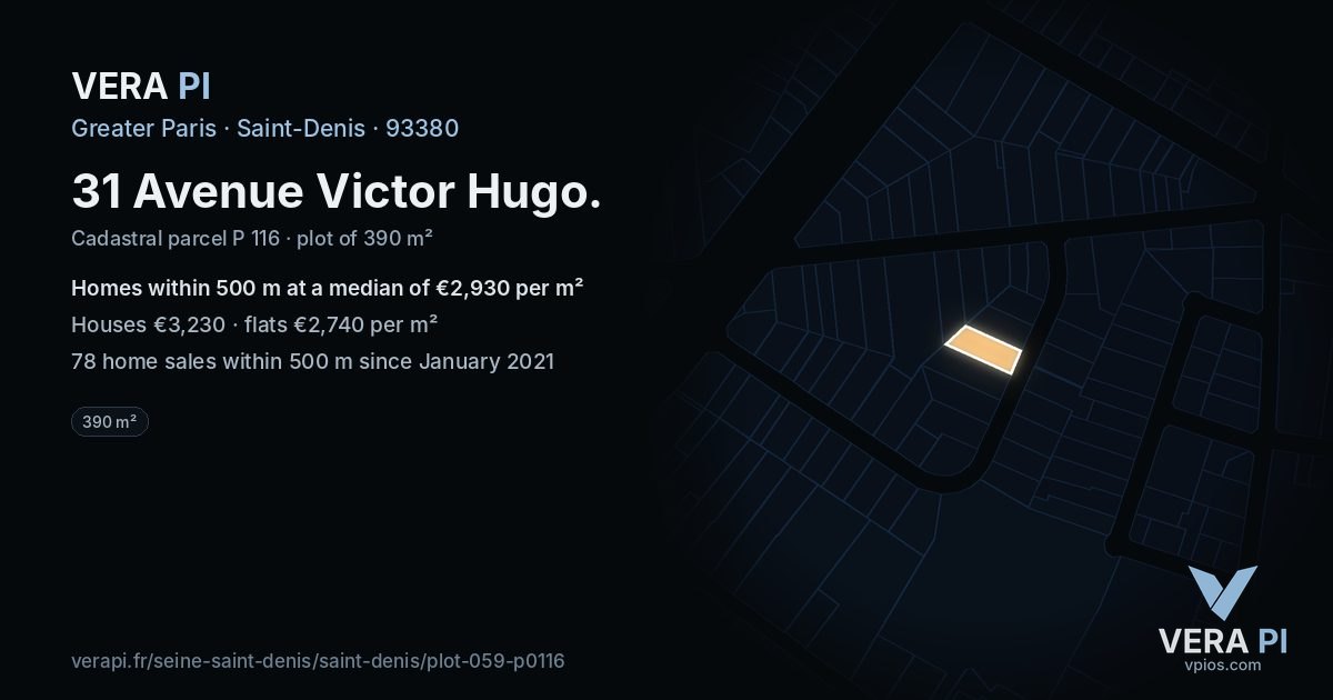 31 Avenue Victor Hugo, Saint-Denis at night – the plot lit, the parcels around coloured by the prices near them