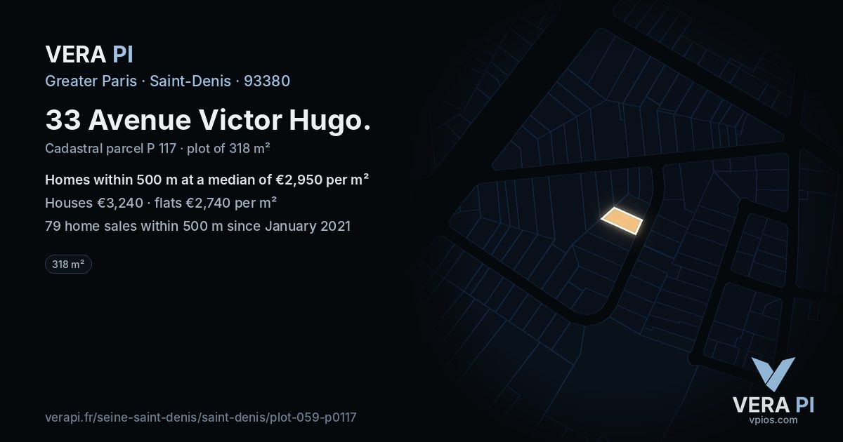 33 Avenue Victor Hugo, Saint-Denis at night – the plot lit, the parcels around coloured by the prices near them