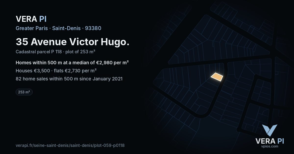 35 Avenue Victor Hugo, Saint-Denis at night – the plot lit, the parcels around coloured by the prices near them