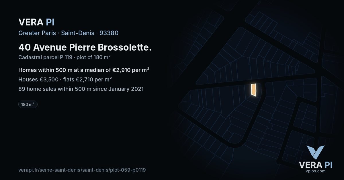 40 Avenue Pierre Brossolette, Saint-Denis at night – the plot lit, the parcels around coloured by the prices near them