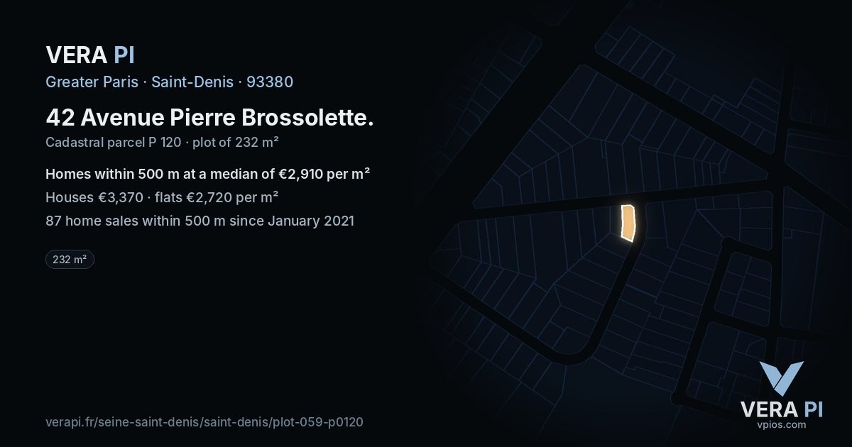 42 Avenue Pierre Brossolette, Saint-Denis at night – the plot lit, the parcels around coloured by the prices near them