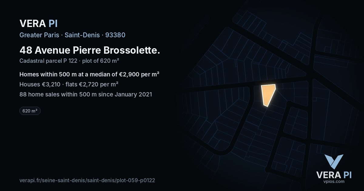 48 Avenue Pierre Brossolette, Saint-Denis at night – the plot lit, the parcels around coloured by the prices near them