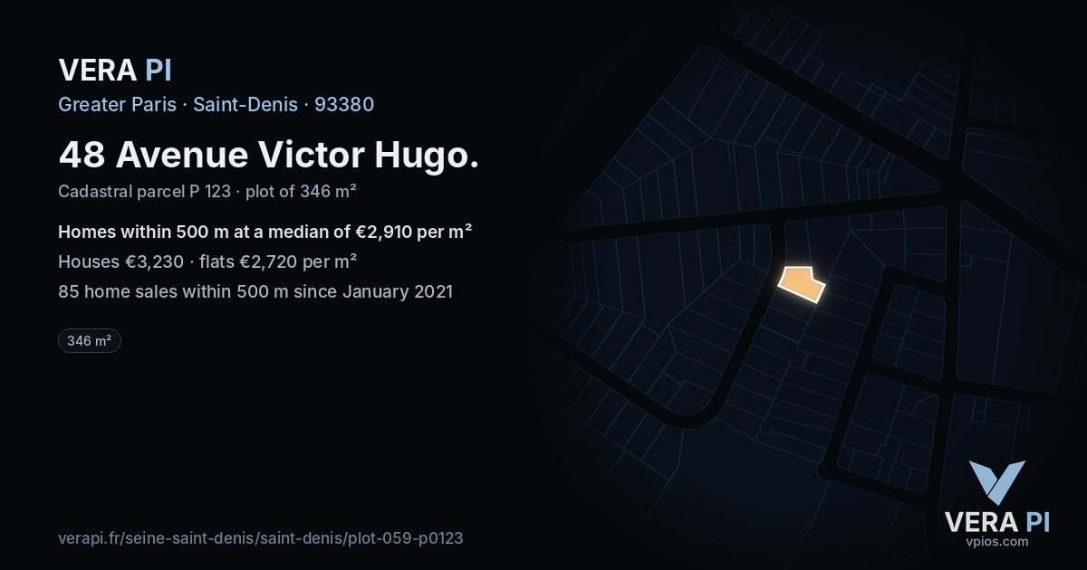 48 Avenue Victor Hugo, Saint-Denis at night – the plot lit, the parcels around coloured by the prices near them