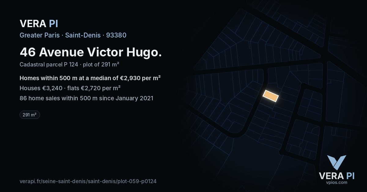 46 Avenue Victor Hugo, Saint-Denis at night – the plot lit, the parcels around coloured by the prices near them