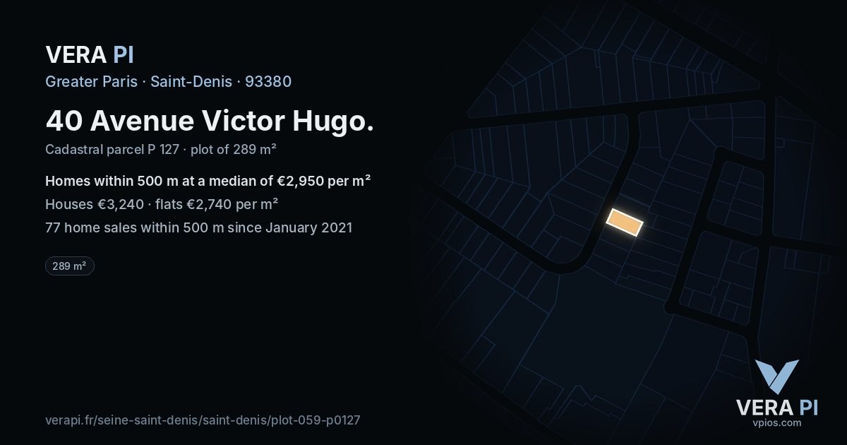 40 Avenue Victor Hugo, Saint-Denis at night – the plot lit, the parcels around coloured by the prices near them