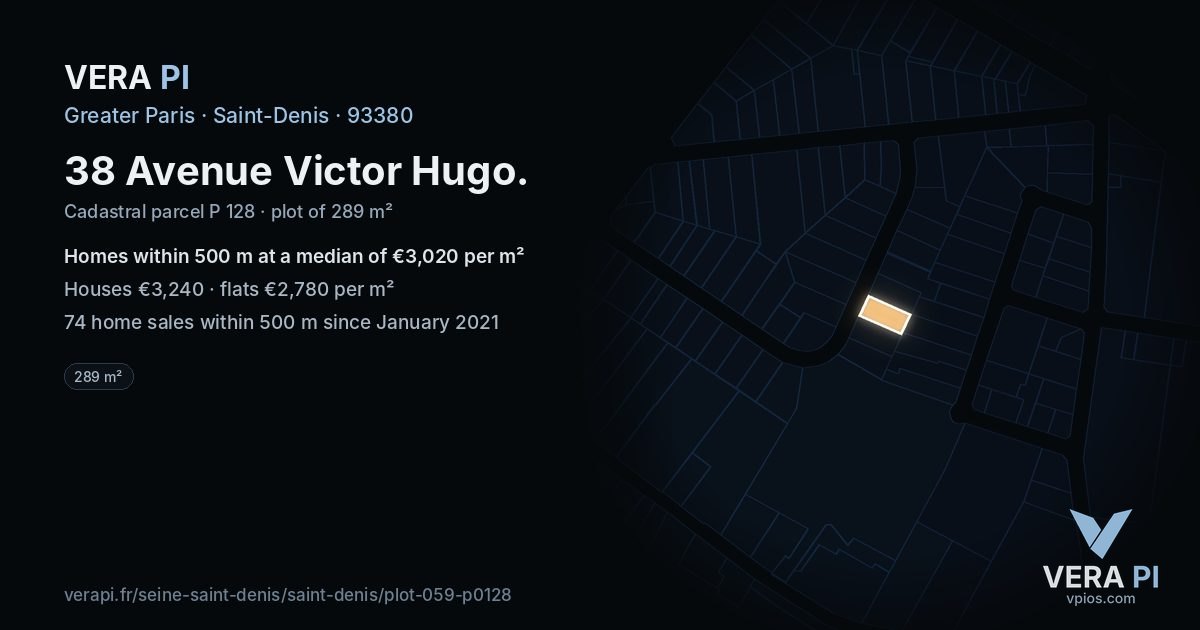 38 Avenue Victor Hugo, Saint-Denis at night – the plot lit, the parcels around coloured by the prices near them