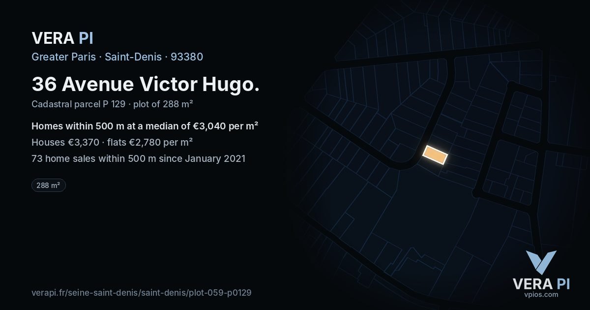36 Avenue Victor Hugo, Saint-Denis at night – the plot lit, the parcels around coloured by the prices near them