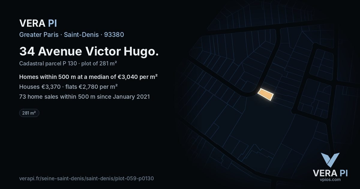 34 Avenue Victor Hugo, Saint-Denis at night – the plot lit, the parcels around coloured by the prices near them